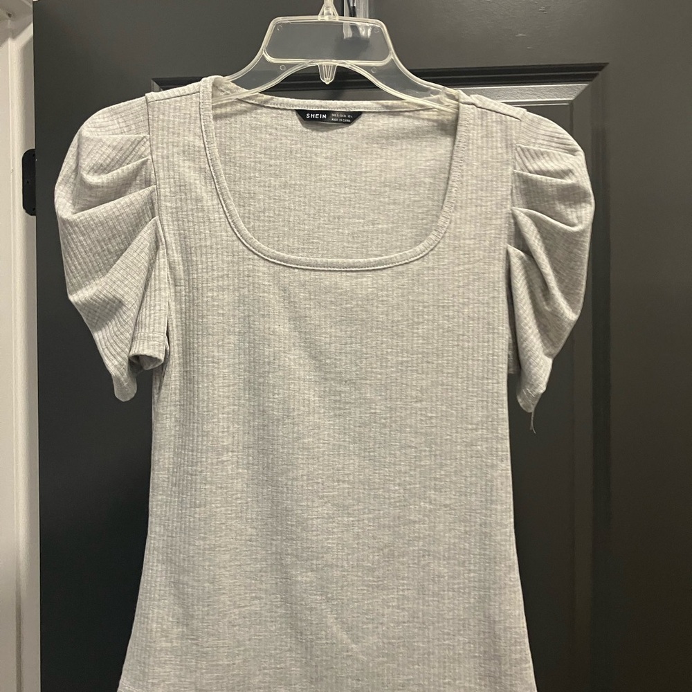SHEIN Light Gray Ribbed Puff-Sleeve Square Neck Tee